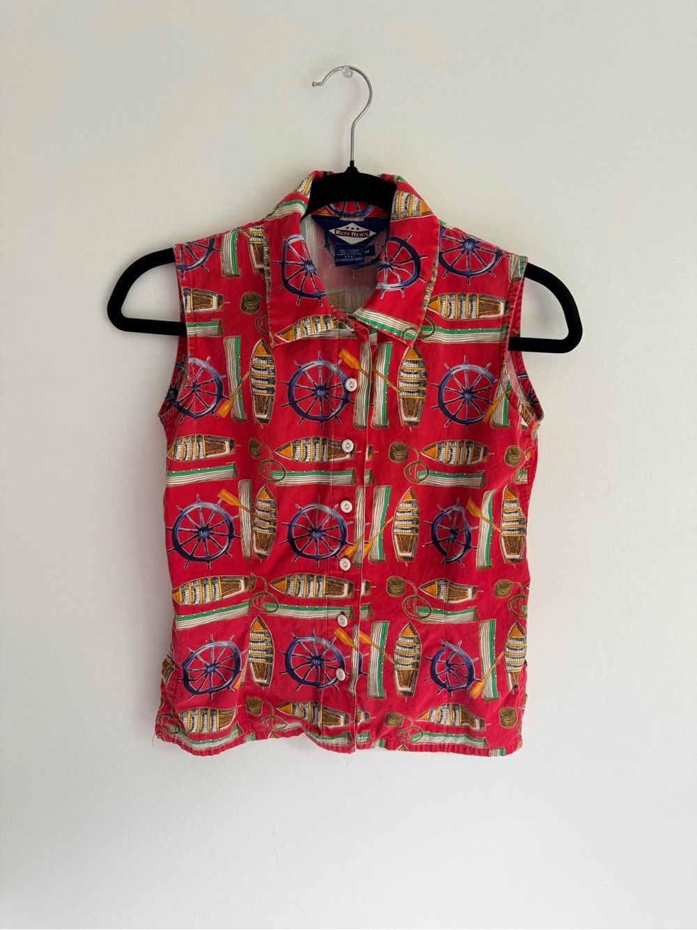 Vintage 90s Ruff Hewn Red Nautical Sleeveless Button Women Size M 100% Cotton